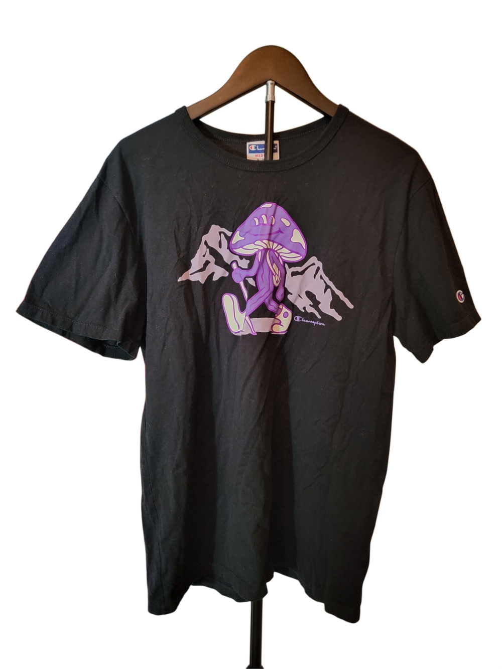 Champion Black Short-Sleeve Tee with Purple Mushroom Graphic - Size Medium